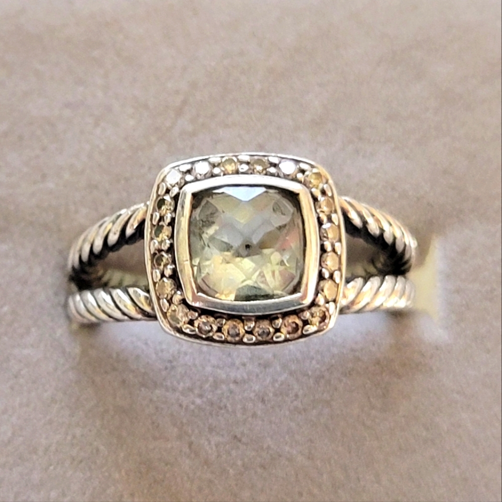 David YurmanPetite Albion Ring with Prasiolite & Diamonds size 7